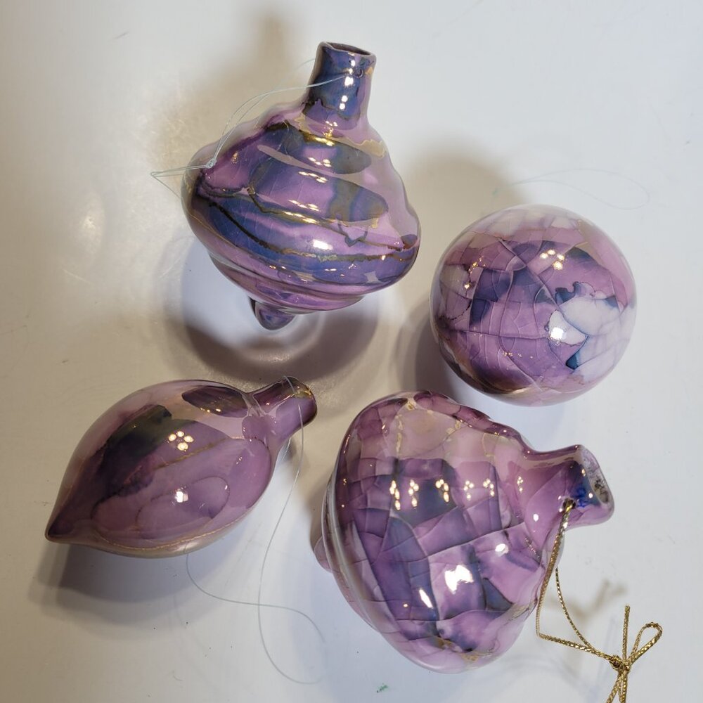 Christmas Holiday Ceramic Ornaments Swirl Set of 4 Purple